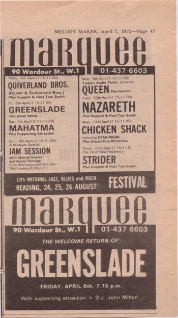 Объявление в Melody Maker: Trident Audio Prods. presents Queen, Marquee Club, 9 апреля 1973